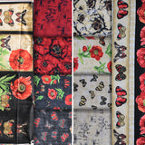 Group swatch assorted poppy themed fabric in various styles and colours