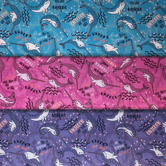 Group swatch unique narwhal printed fabric in various colours