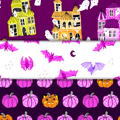 Group swatch assorted Bring Your Own Boo's themed fabrics in various styles/colours