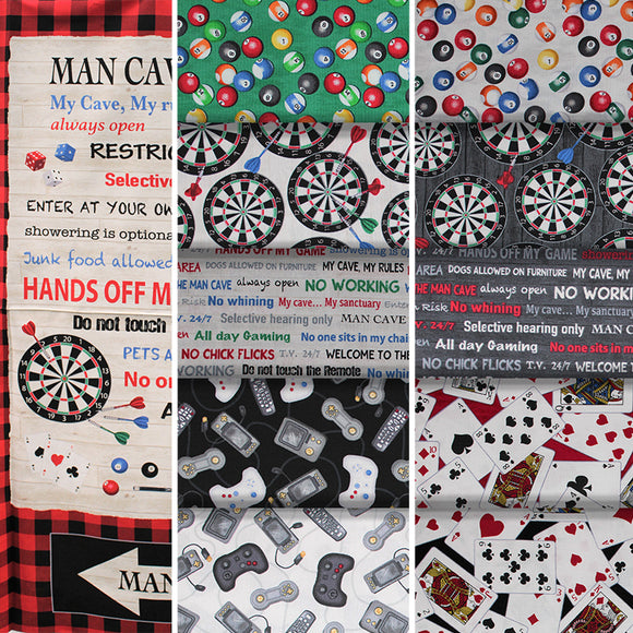 Group swatch assorted man cave themed fabrics in various styles