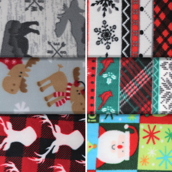 Group swatch assorted Christmas themed fleece fabrics in various styles and colours