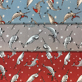 Group swatch santa hat cartoon narwhals printed fabric in various colours