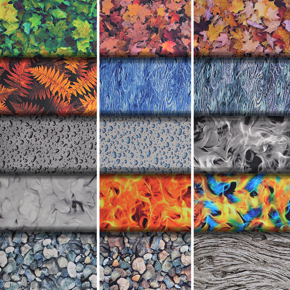 Group swatch assorted nature themed fabrics in various styles/colours