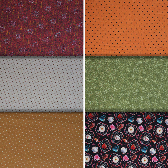 Group swatch coffee shop themed fabrics in various styles/colours