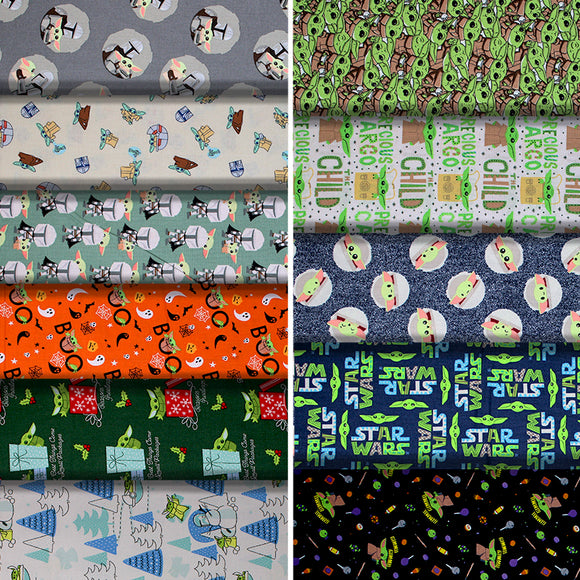 Group swatch licensed Star Wars (The Child) printed fabrics in various styles/colours