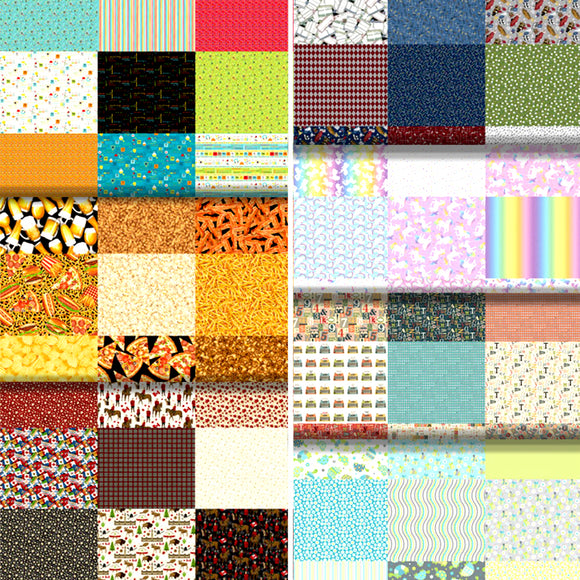 Group swatch assorted Itsy Bitsy Project Pieces fabrics in various styles/colours