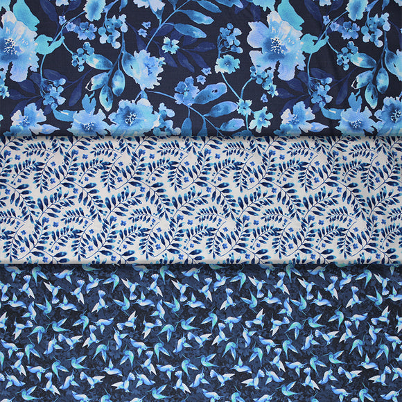 Group swatch assorted blue floral prints in various styles