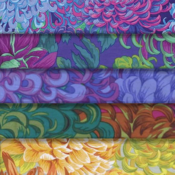 Group swatch Japanese chrysanthemum printed fabrics in various colours