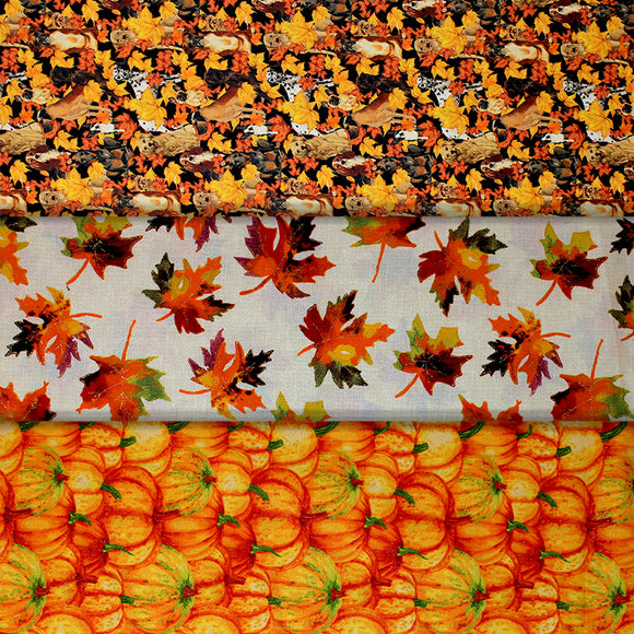 Group swatch assorted Autumn themed fabrics in various styles/colours