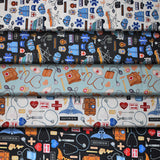 Group swatch assorted medical/doctor themed printed fabrics in various styles/colours