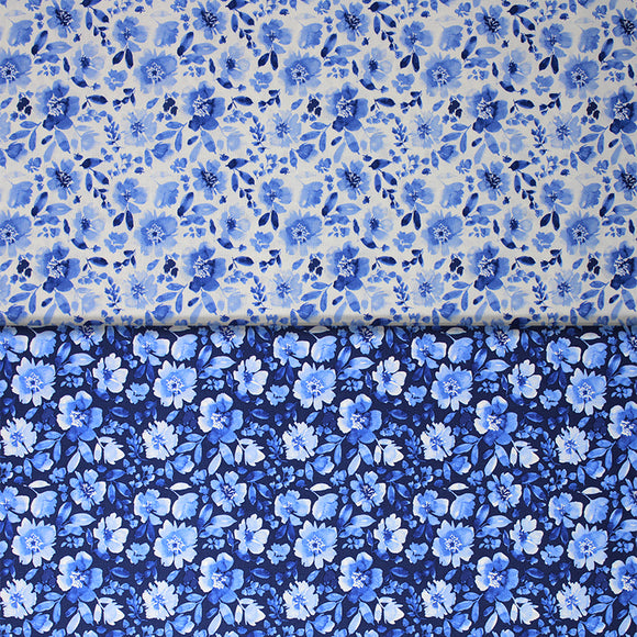 Group swatch classic blue floral fabrics in various styles