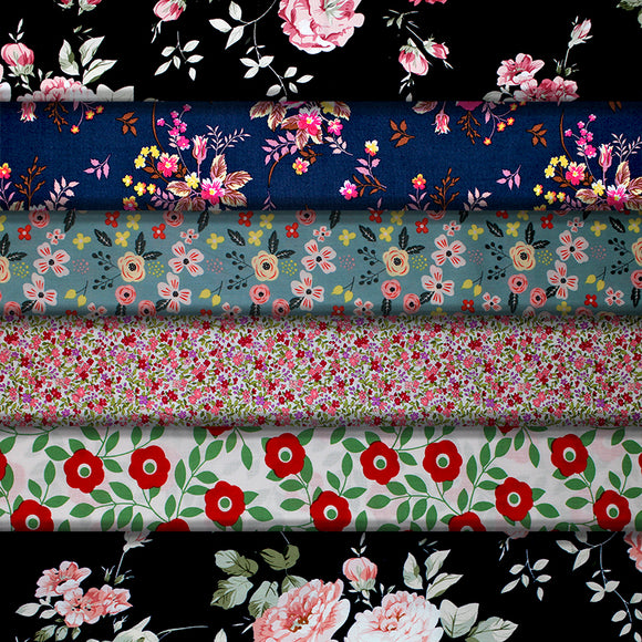 Group swatch assorted Floral themed fabrics in various styles/colours