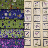Group swatch assorted violet hill themed fabrics in various styles/colours