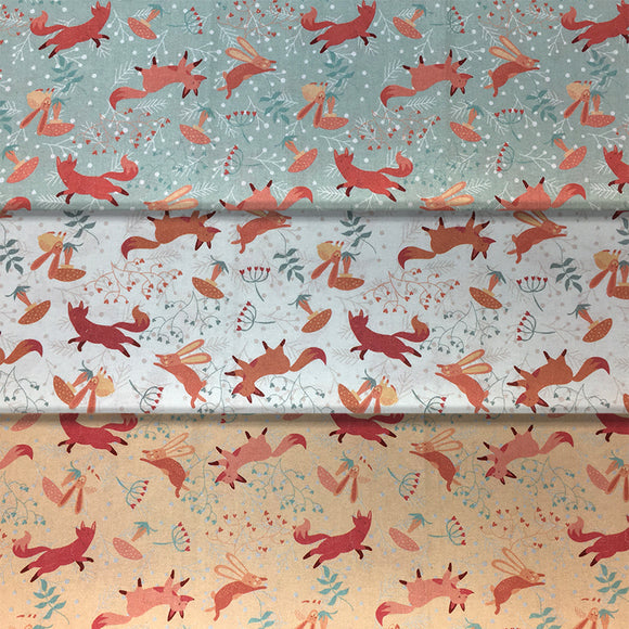 Group swatch woodland fox and bunny printed fabric in various colours