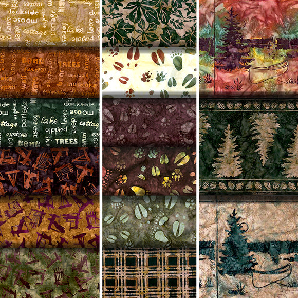 Group swatch assorted Canoe Lake themed fabrics in various styles/colours