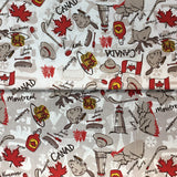 Group swatch cartoon beavers and maple syrup Canada printed fabric in various colours