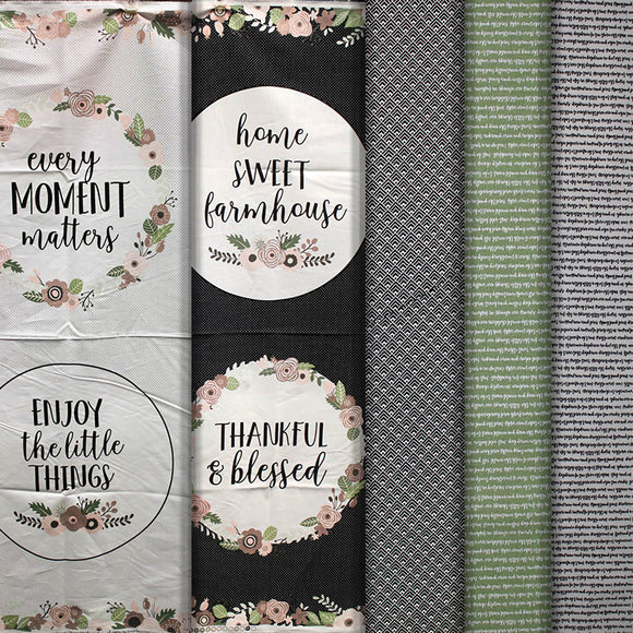 Group swatch farmhouse themed printed fabrics in various styles