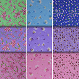 Group swatch assorted flower printed fabrics in various styles/colours