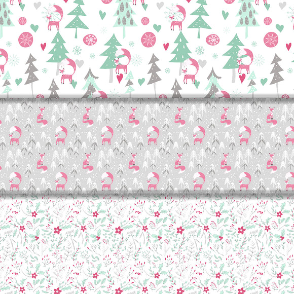 Group swatch assorted Snowy Day Flannel themed fabrics in various styles/colours