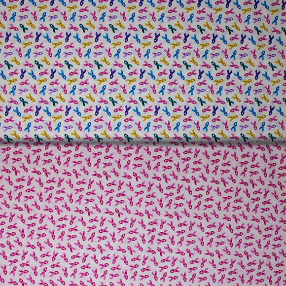Group swatch assorted Cancer Awareness Ribbons themed fabrics in various styles/colours