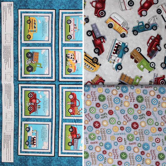 Group swatch assorted fabrics from the Papa's Old Truck line by Henry Glass