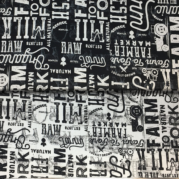 Group swatch farm to fork large font text printed fabric in black and cream