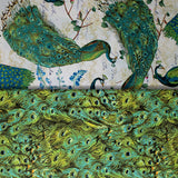 Group swatch assorted Peacock themed fabrics in various styles/colours