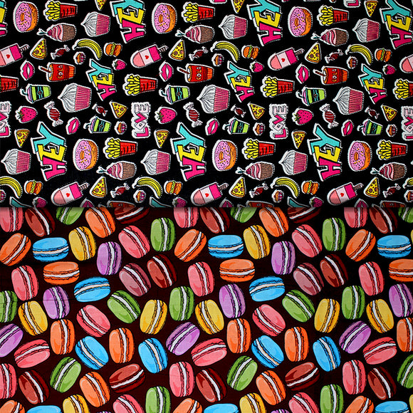Group swatch assorted food themed fabrics in various styles/colours