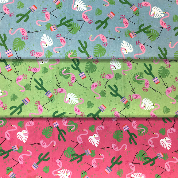 Group swatch cartoon flamingos and cactus printed fabric in various colours