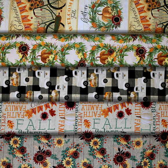 Group swatch assorted Happy Fall themed fabrics in various styles/colours