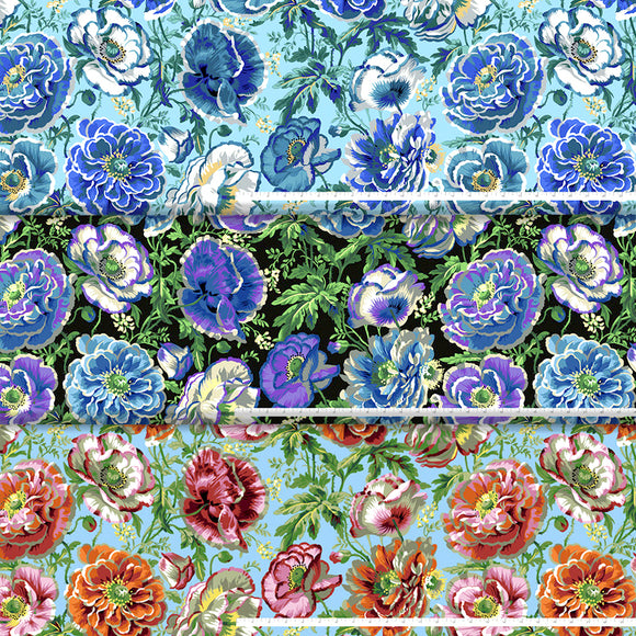 Group swatch assorted Dorothy themed floral fabrics in various colours
