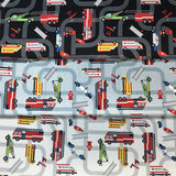Group swatch cartoon emergency vehicles on road fabric in various colours