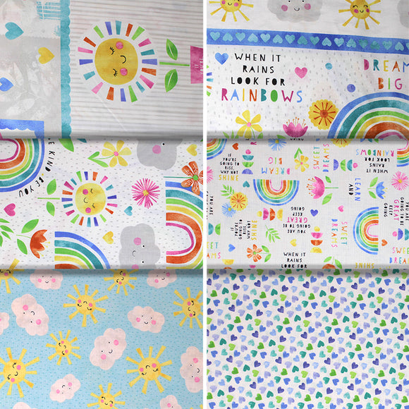 Group swatch assorted raindrops and sunshine themed fabrics in various styles and colours