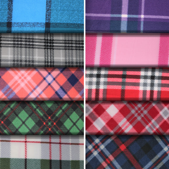 Group swatch assorted plaid fleece fabrics in various colours and styles