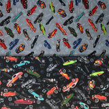 Group swatch hot rod printed fabric in black and blue