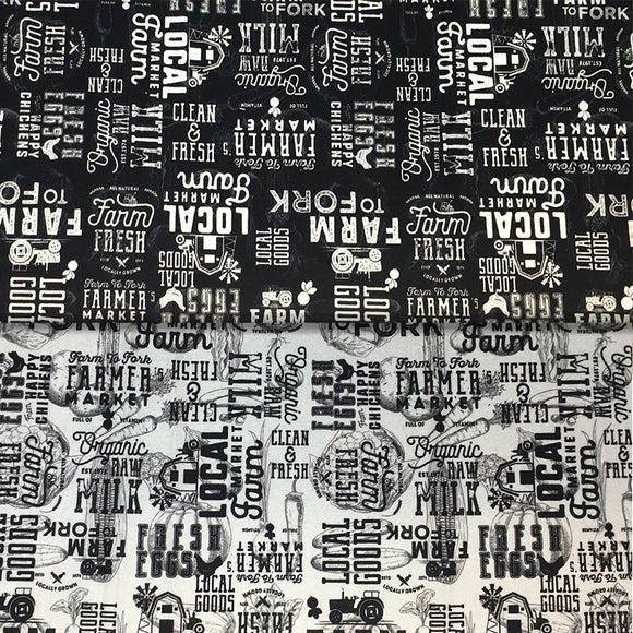 Group swatch farm to fork text printed fabric in black and cream