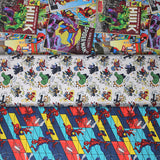 Group swatch assorted Marvel (licensed) printed fabrics in various styles