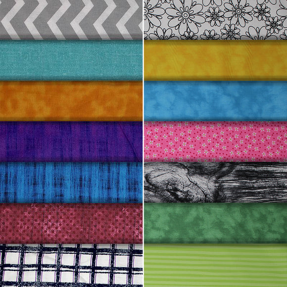 Group swatch assorted calico fabrics in various styles/colours