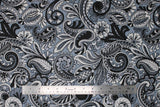 Flat swatch Paisley Sorbet fabric (pale grey blue fabric with large busy paisley print allover in white, grey and faded blue shades)