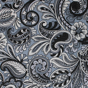 Square swatch Paisley Sorbet fabric (pale grey blue fabric with large busy paisley print allover in white, grey and faded blue shades)