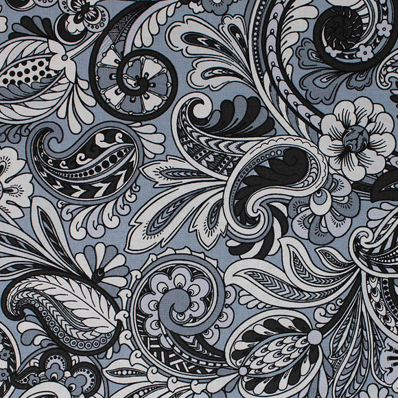 Square swatch Paisley Sorbet fabric (pale grey blue fabric with large busy paisley print allover in white, grey and faded blue shades)