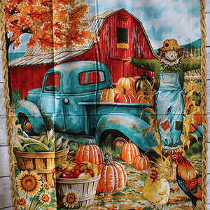 Square swatch pumpkin patch panel (patch and scarecrow with blue truck and red barn)
