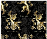 Square swatch Game of Thrones themed fabric (black fabric with gold Lannister house lions, white shadows of lions and "Lannister" text)