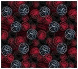 Square swatch Game of Thrones themed fabric (black fabric with tiled/collaged House Targaryen emblems in red, black, steel)