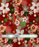Tinsel Red fabric swatch (red fabric with busy tossed large floral allover in various shapes and white, red, green and peach shades)