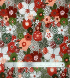 Tinsel Grey fabric swatch (grey fabric with large busy tossed floral allover in various shapes, in white, red, green and peach colours)