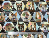 Flat swatch Dog Geometric fabric (black fabric with grey lines, dots, stars, etc. in background and tiled hexagons with dog faces within - illustrative style with geometric patchwork look design)