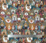Flat swatch Dog Collage fabric (collaged dog heads allover in illustrative style with geometric patchwork style design)