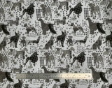 Flat swatch Dog Toss Grey fabric (white fabric with tossed dog silhouettes in geometric patchwork style design in grey shades)