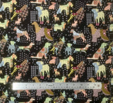 Flat swatch Dog Toss Black fabric (black fabric with tossed dog silhouettes in geometric patchwork style design in neutral/brown shades)